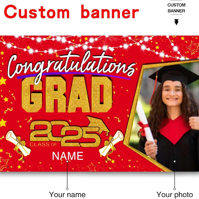 UUBAO Custom Graduation Party Decorations Personalization Banner Class of 2025 Backdrop (Red and Gold)