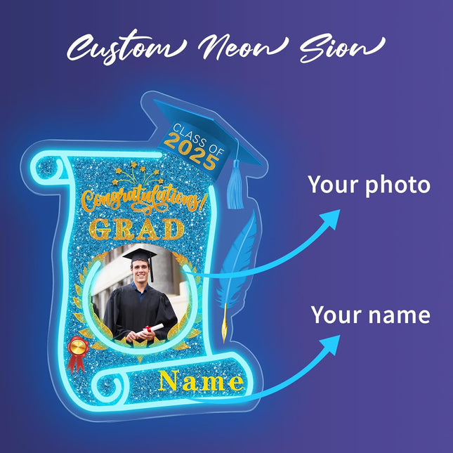 UUBAO Custom Graduation Gift LED Neon Signs Class of 2025 Personalized Photo Congrats Grad USB Powered (Sky Blue)