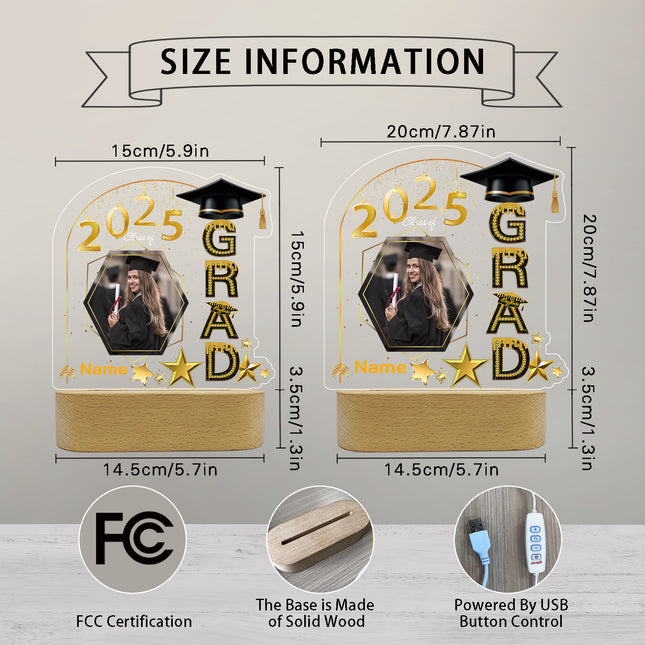 UUBAO Graduation Gifts Personalized Night Light Class of 2025 Custom Photo Name Gifts for Him Her Gifts for College, High School (Black and Gold)