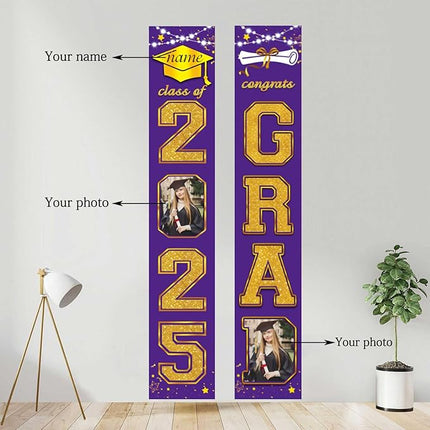 UUBAO Custom Graduation Party Decorations 2025 Personalization Congrats Grad Banner Graduation Front Door Porch Sign Backdrop(Purple and Gold)