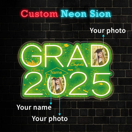 UUBAO Personalized Graduation Gift Neon Signs Congrats Grad LED Light Signs with Photo 2025 Party Backdrop Light Sign Decor (Dark Green)