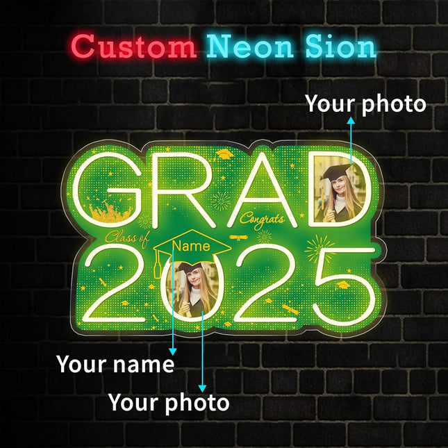 UUBAO Personalized Graduation Gift Neon Signs Congrats Grad LED Light Signs with Photo 2025 Party Backdrop Light Sign Decor (Dark Green)