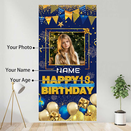 UUBAO Custom Happy Birthday Door Banner Backdrop Birthday Decorations Party Supplies for Women Men(Navy Blue)