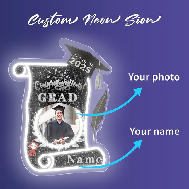 UUBAO Custom Graduation Gift LED Neon Signs Class of 2025 Personalized Photo Congrats Grad USB Powered (Black and Silver)