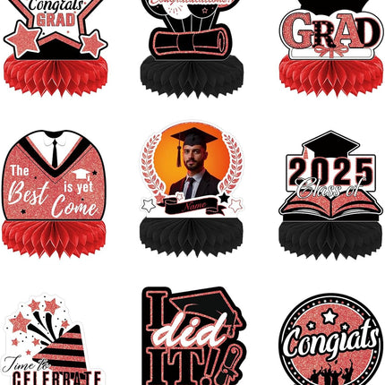 UUBAO 9 PCS Custom Graduation Party Honeycomb Centerpieces Class of 2025 Congrats Grad Decorations Congratulate Graduation Table Toppers for Graduation Party Favor Supplies (Red)