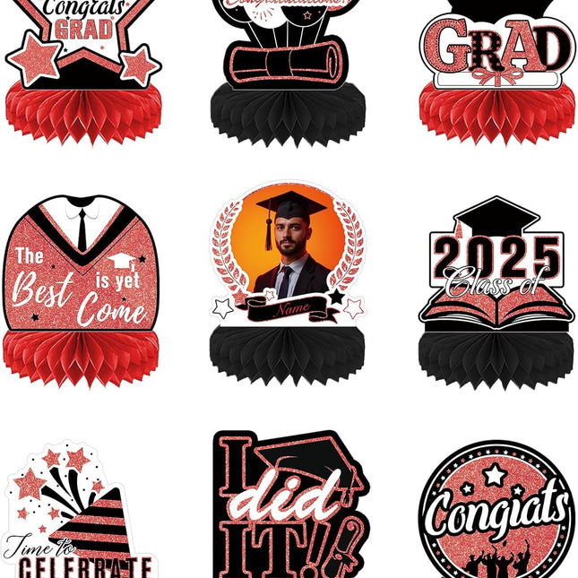 UUBAO 9 PCS Custom Graduation Party Honeycomb Centerpieces Class of 2025 Congrats Grad Decorations Congratulate Graduation Table Toppers for Graduation Party Favor Supplies (Red)