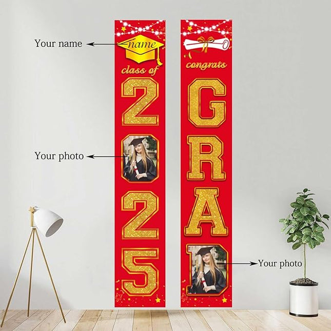 UUBAO Custom Graduation Party Decorations 2025 Personalization Congrats Grad Banner Graduation Front Door Porch Sign Backdrop(Red and Gold)