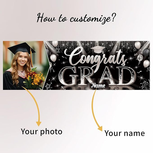 UUBAO Custom Graduation Party Decorations Personalization Banner Class of 2025 Backdrop (Black and Silver）