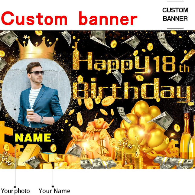 UUBAO Custom Happy Birthday Decorations Banner Backdrop for Women Men Boys Girls Personalization Black and Gold Birthday Party Supplies