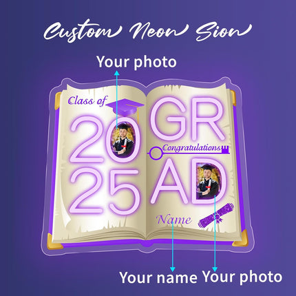 UUBAO Personalized Graduation Gift Neon Signs Congrats Grad LED Light Signs with Photo 2025 Party Backdrop Light Sign Decor (Purple)