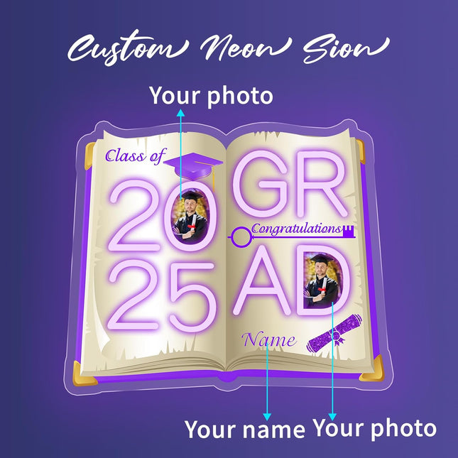 UUBAO Personalized Graduation Gift Neon Signs Congrats Grad LED Light Signs with Photo 2025 Party Backdrop Light Sign Decor (Purple)