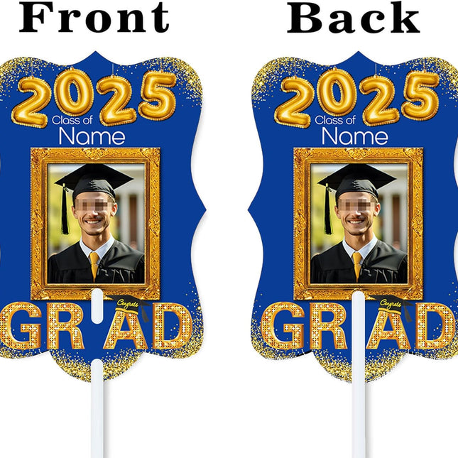 UUBAO Personalized Graduation Double Sided Face Fan Class of 2025 Customized Graduation Head Face Cutout with Handle Fun Photo Prop Supplies(Blue and Gold)