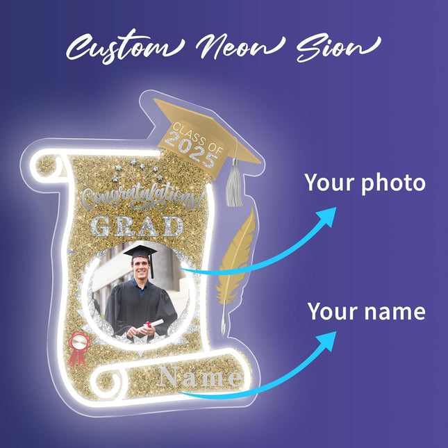 UUBAO Custom Graduation Gift LED Neon Signs Class of 2025 Personalized Photo Congrats Grad USB Powered (Champagne)