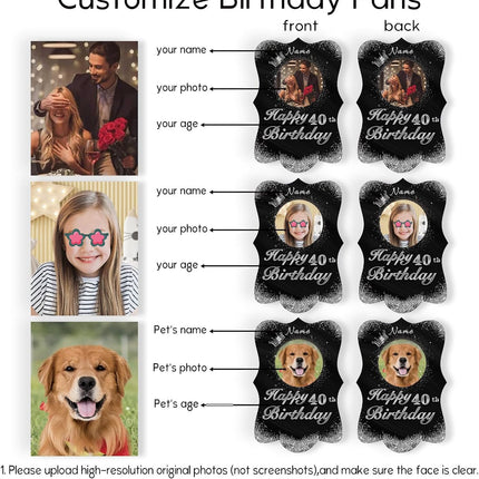 UUBAO Personalized Double Sided Happy Birthday Photo Prop Face Fan Customized Birthday Fun Supplies(Black and Silver)