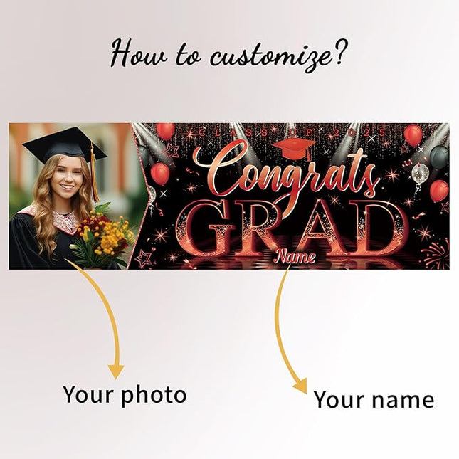 UUBAO Custom Graduation Party Decorations Personalization Banner Class of 2025 Backdrop (Red）