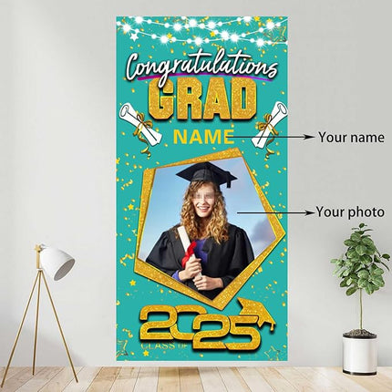 UUBAO Custom Graduation Party Decorations Personalization Banner Class of 2025 Backdrop Door Cover (Peacock Blue and Gold)
