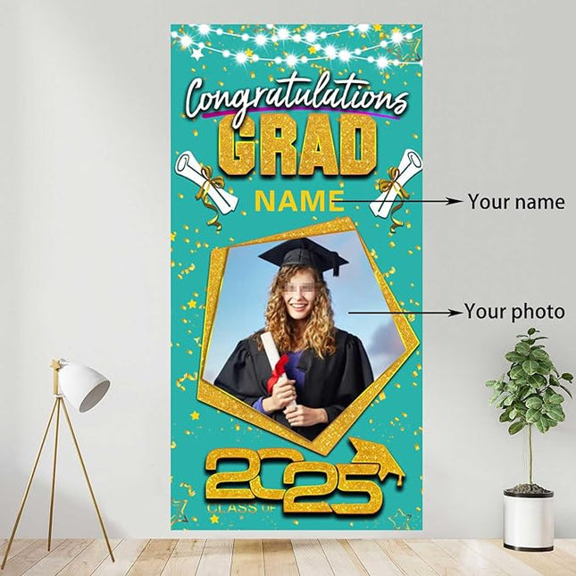 UUBAO Custom Graduation Party Decorations Personalization Banner Class of 2025 Backdrop Door Cover (Peacock Blue and Gold)