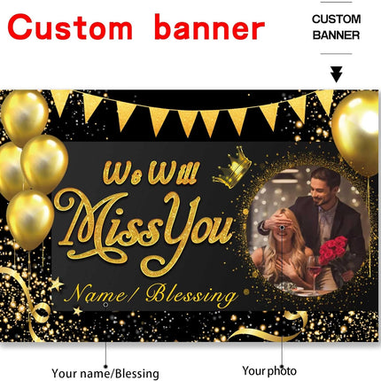 UUBAO Custom We Will Miss You Decorations Banner,Farewell Going Away Party for Anniversary Retirement Graduation Party(Black Gold)