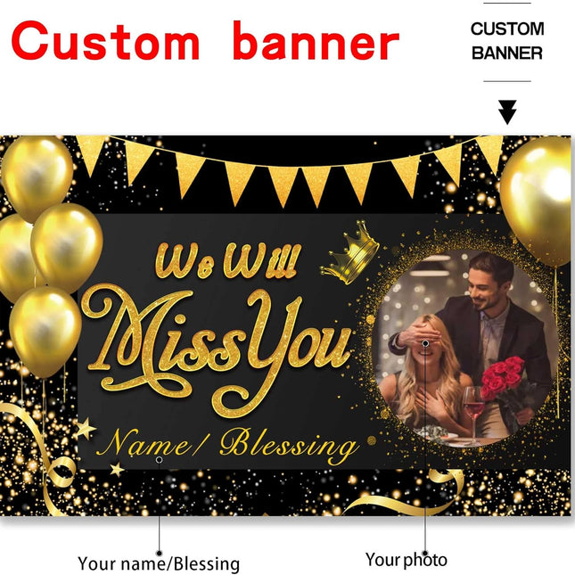 UUBAO Custom We Will Miss You Decorations Banner,Farewell Going Away Party for Anniversary Retirement Graduation Party(Black Gold)