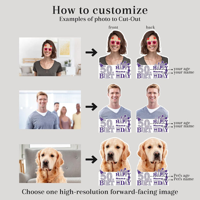UUBAO Custom Happy Birthday Face Cutout Fans Personalized Photo Prop Signs for Birthday Party(Purple and Silver）