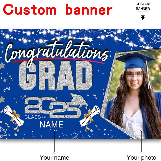 UUBAO Custom Graduation Party Decorations Personalization Banner Class of 2025 Backdrop (Blue and Silver)