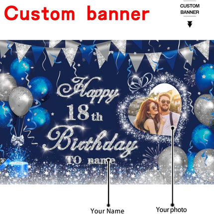 UUBAO Custom Navy Blue Theme Birthday Banner for Party Happy Birthday Backdrop Decoration Personalized with Name and Photo