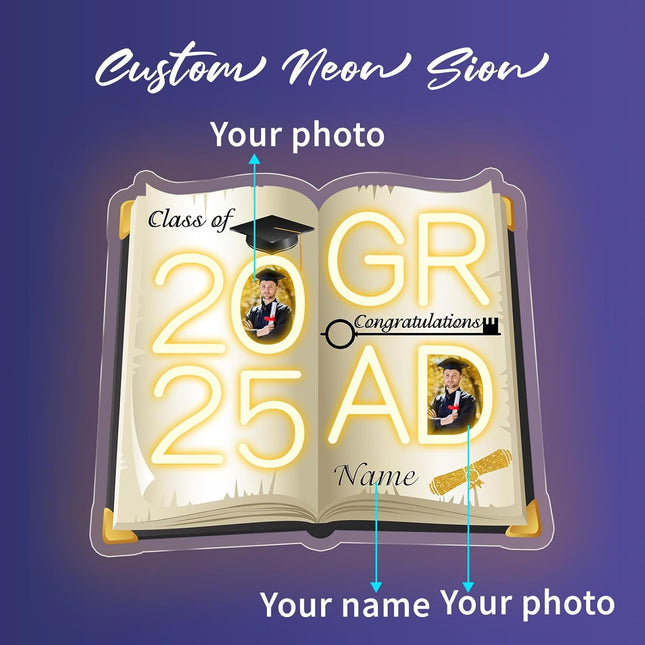 UUBAO Personalized Graduation Gift Neon Signs Congrats Grad LED Light Signs with Photo 2025 Party Backdrop Light Sign Decor (Yellow)