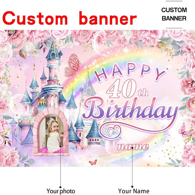 UUBAO Custom Castle and Princess Theme Birthday Decorations Banner Personalized Fabric Banner Birthday Party Supplies for Girls