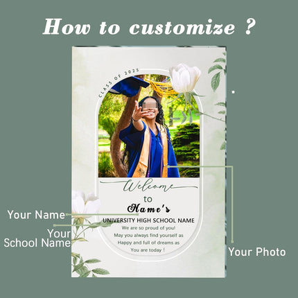 UUBAO Customized Welcome Sign for Graduation Party Personalized Acrylic Sign with Photo Name Class of 2025 Graduation Decor(White Flower)