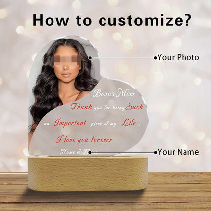 UUBAO Personalized Mother's Day Night Light Gift with Wooden Base Custom Photo Acrylic Plaque LED Night Lamp Gift for Bonus Mom