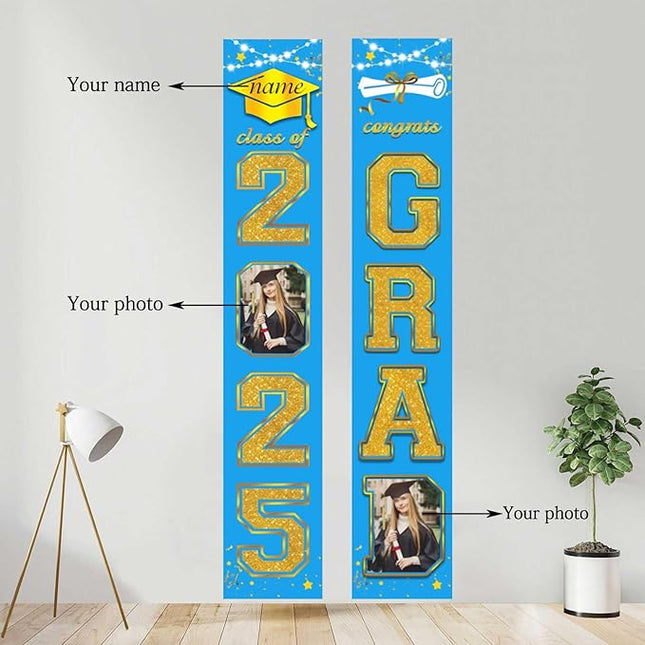 UUBAO Custom Graduation Party Decorations 2025 Personalization Congrats Grad Banner Graduation Front Door Porch Sign Backdrop(Sky Blue and Gold)