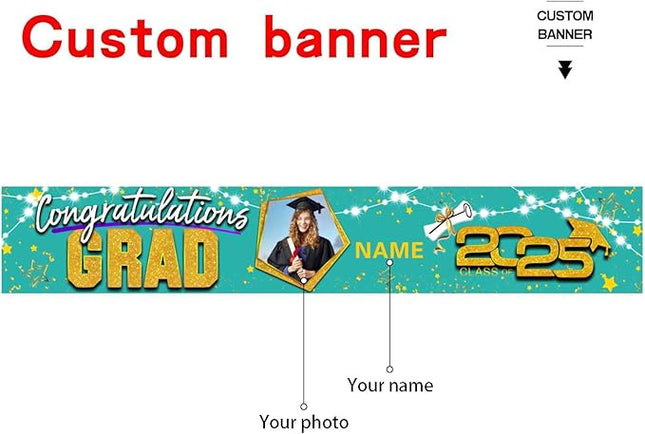 UUBAO Custom Graduation Party Decorations 2025 Personalization Congrats Grad Banner Graduation Backdrop(Peacock Blue and Gold)