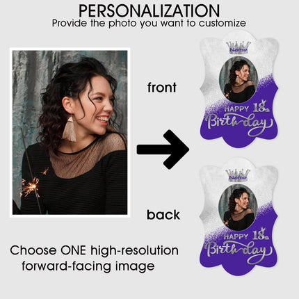 UUBAO Custom Happy Birthday Face Cutout Fans Personalized Photo Prop Signs for Birthday Party(Purple and Silver)