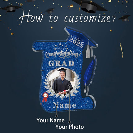UUBAO Personalized Graduation Gift Class of 2025 Desk Paperweight Farewell Memorial Decorative Signs Plaques with Photo (Blue and Silver)
