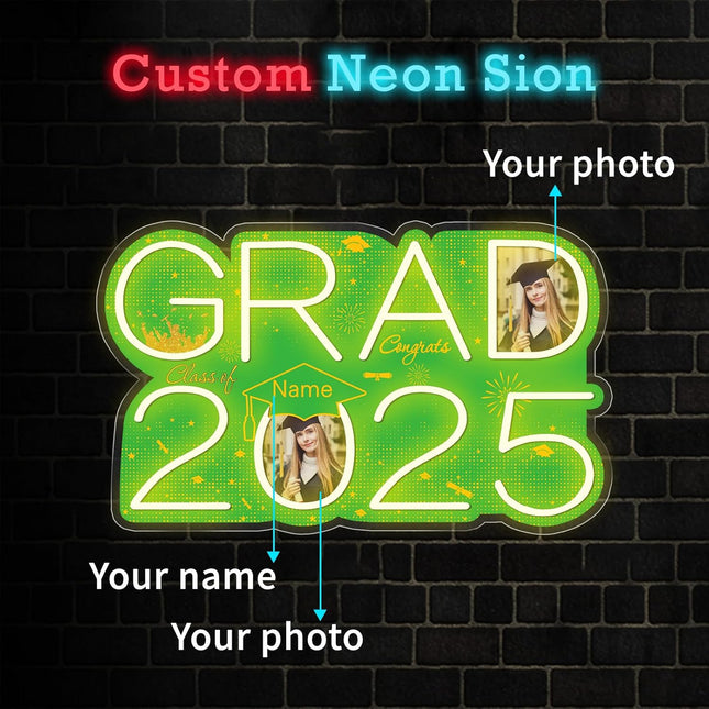 UUBAO Personalized Graduation Gift Neon Signs Congrats Grad LED Light Signs with Photo 2025 Party Backdrop Light Sign Decor (Light Green)