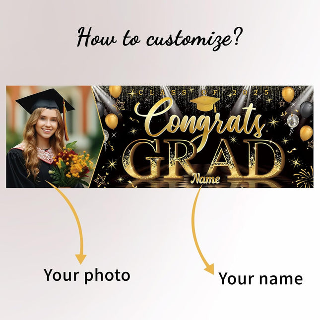 UUBAO Custom Graduation Party Decorations Personalization Banner Class of 2025 Backdrop (Black and Gold）
