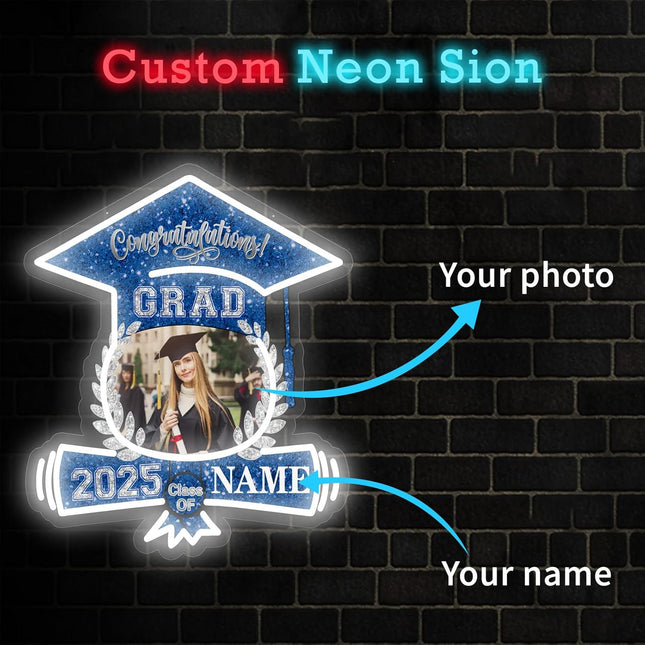 UUBAO Custom Graduation Gift LED Neon Signs Class of 2025 Personalized Photo Congrats Grad USB Powered (Blue and Silver)