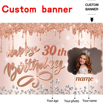 UUBAO Custom Happy Birthday Backdrop Personalization Glitter Diamond Banner for Girls Women(Rose Gold)