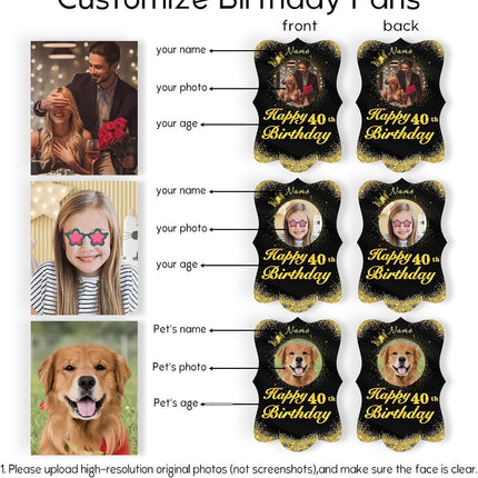 UUBAO Personalized Double Sided Happy Birthday Photo Prop Face Fan Customized Birthday Fun Supplies(Black and Gold)