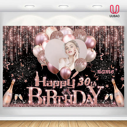 UUBAO Custom Rose Gold Happy Birthday Banner Backdrop Birthday Decorations Party Supplies for Girl Women