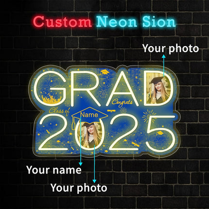 UUBAO Personalized Graduation Gift Neon Signs Congrats Grad LED Light Signs with Photo 2025 Party Backdrop Light Sign Decor (Blue and Gold)