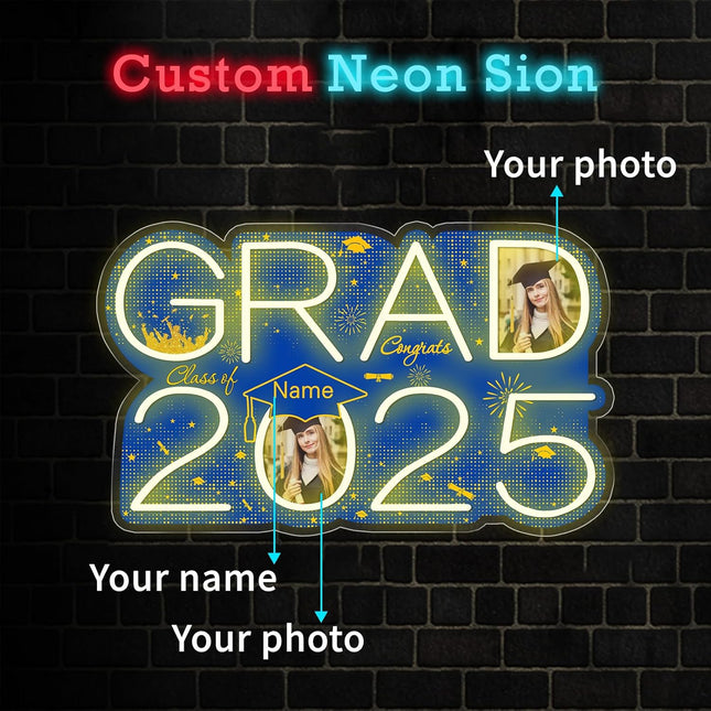 UUBAO Personalized Graduation Gift Neon Signs Congrats Grad LED Light Signs with Photo 2025 Party Backdrop Light Sign Decor (Blue and Gold)