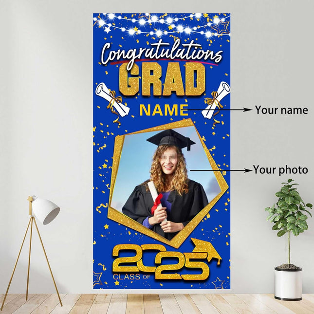 UUBAO Custom Graduation Party Decorations Personalization Banner Class of 2025 Backdrop Door Cover (Blue and Gold)