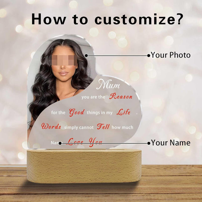 UUBAO Personalized Mother's Day Night Light Gift with Wooden Base Custom Photo Acrylic Plaque LED Night Lamp Gift for Mom