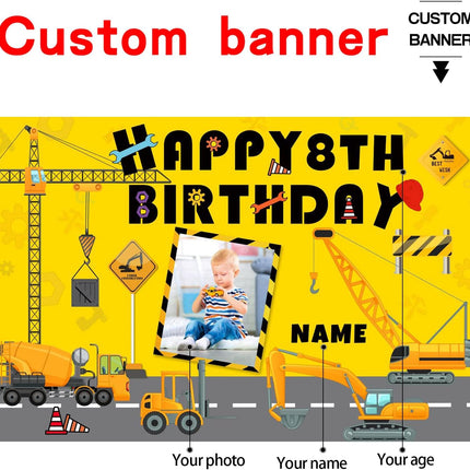 UUBAO Custom Construction Happy Birthday Party Decorations Supplies Personalized Excavator Crane Dump Truck Digger Backdrop Banner