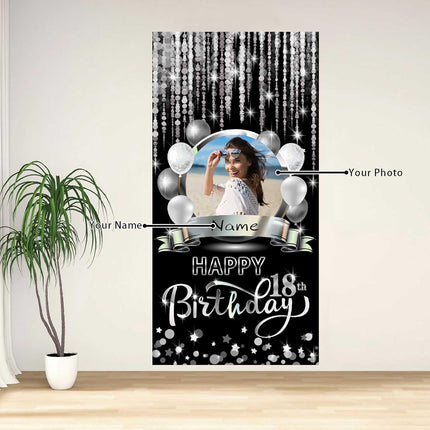 UUBAO Custom Happy Birthday Door Banner Backdrop Birthday Decorations Party Supplies for Women Men(Black and Silver)
