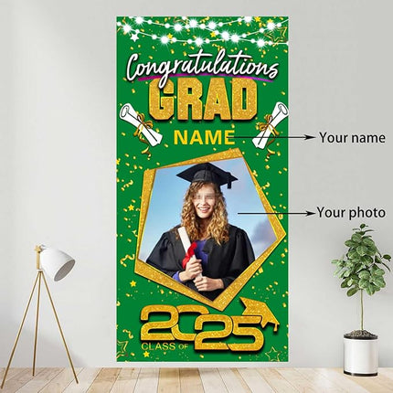 UUBAO Custom Graduation Party Decorations Personalization Banner Class of 2025 Backdrop Door Cover (Dark Green and Gold)