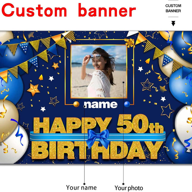 UUBAO Custom Happy Birthday Decorations Banner Backdrop for Women Men Boys Girls Personalization Navy Blue Birthday Party Supplies