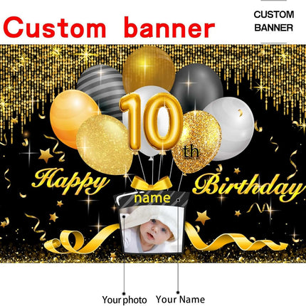 UUBAO Custom Black Gold Theme Birthday Banner for Party Happy Birthday Backdrop Decoration Personalized with Name and Photo