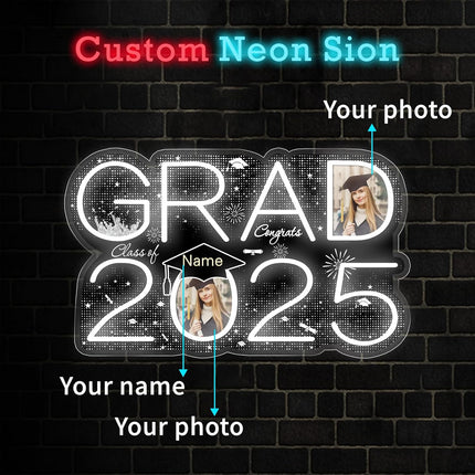 UUBAO Personalized Graduation Gift Neon Signs Congrats Grad LED Light Signs with Photo 2025 Party Backdrop Light Sign Decor (Black and Silver)